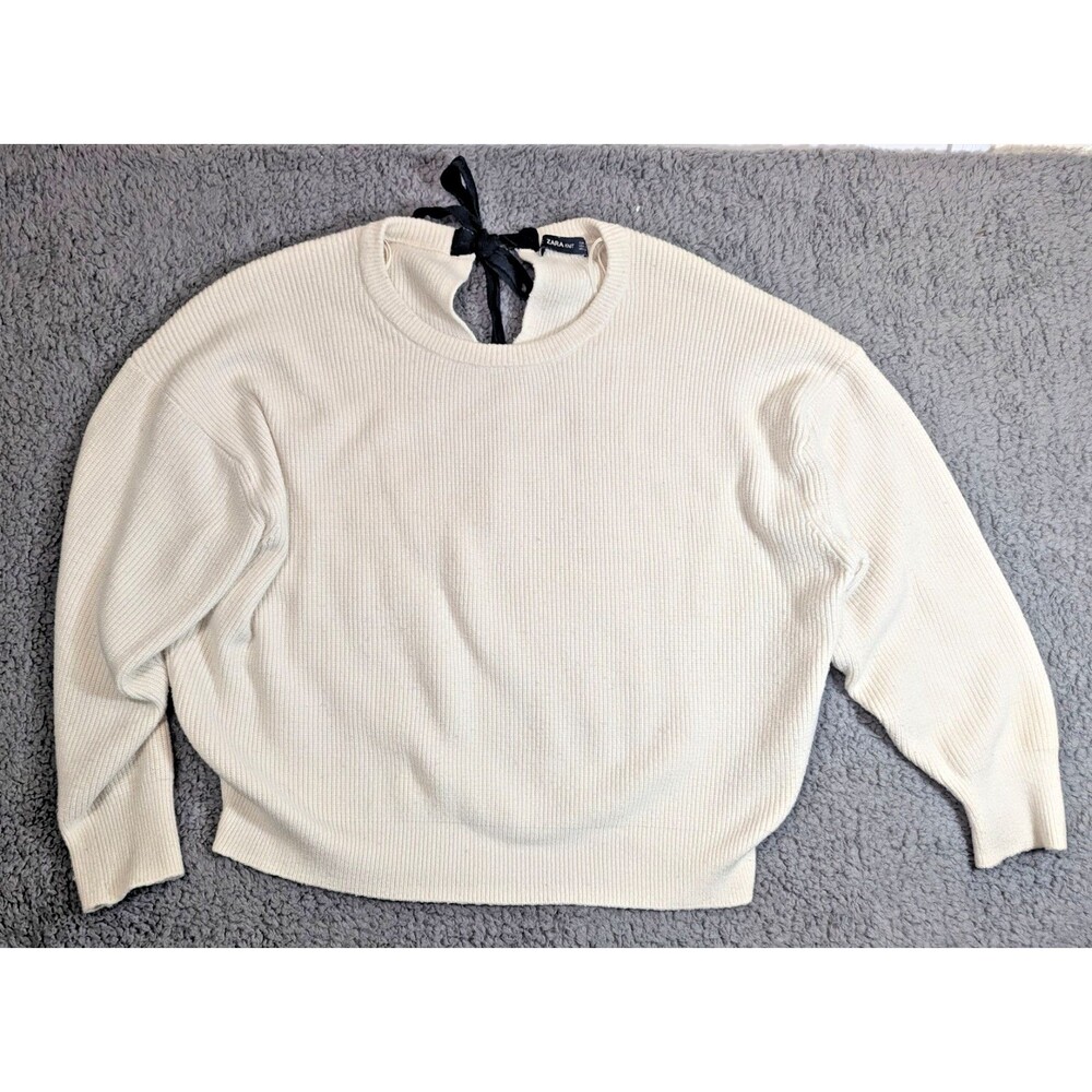 Zara Knit Sweater Womens M Cream Open Back Bow Tie Ribbed Pullover Minimalist